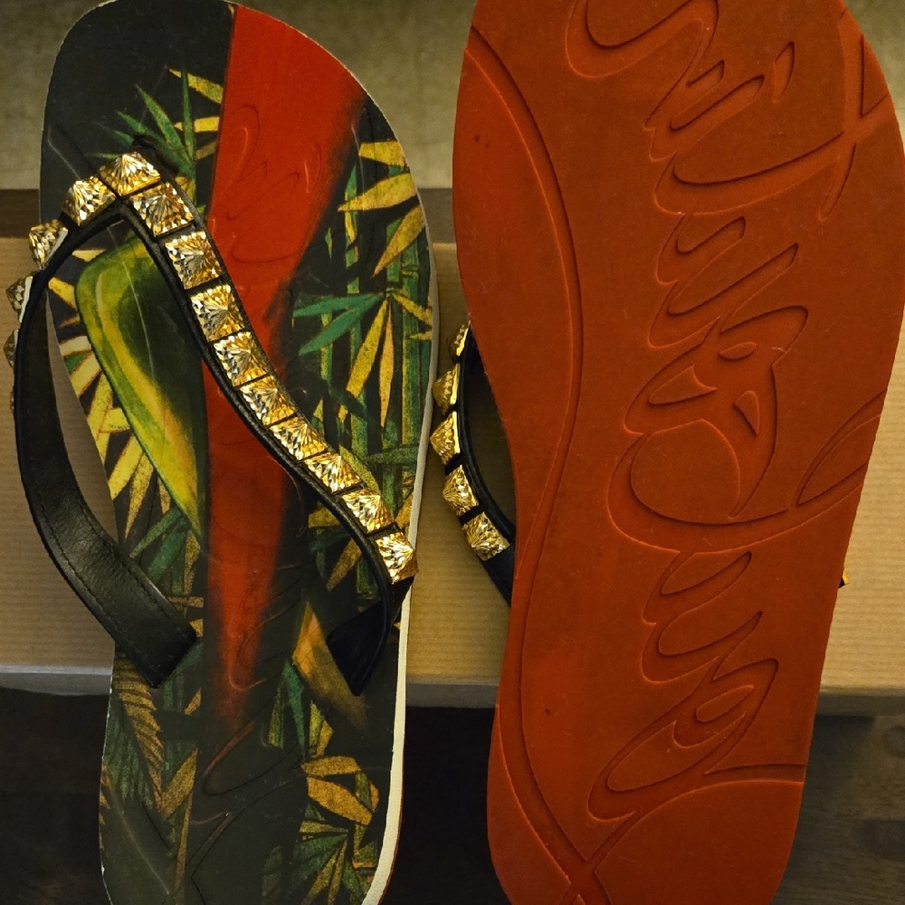 AUTHENTIC Christian Louboutin Black and Red Sandals with Gold Details